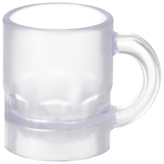 Clear beer mug cake topper layon with a rounded cylindrical shape and a thick handle, shown on a white background with a frosted, translucent look.