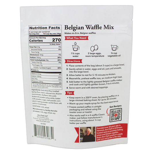 Back of Ann Clark Belgian Waffle Mix package showing preparation directions, nutritional information, and tips for making classic Belgian waffles.