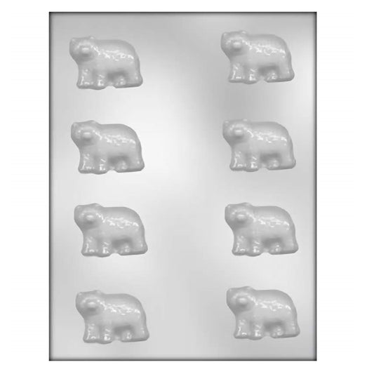 Image of a white chocolate mold designed for creating six large bear-shaped candies. Each cavity is detailed, replicating the shape of a bear on all fours, which will produce three-dimensional bear figures once the chocolate is set. This mold is perfect for crafting playful and delicious bear-themed treats.