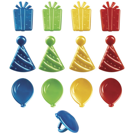 Set of 12 colorful plastic cupcake rings in shapes of presents, party hats, and balloons in red, yellow, green, and blue