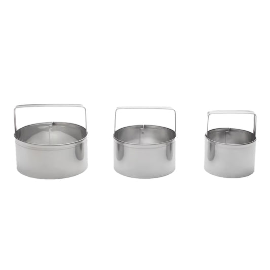 Set of three stainless steel round biscuit cutters with handles in different sizes, displayed upright.