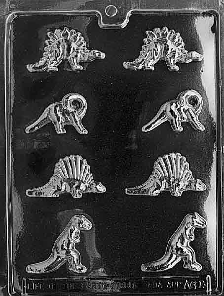 Plastic candy mold with 8 small cavities shaped like different dinosaurs including Stegosaurus, T-Rex, and others, designed for making bite-size chocolate or candy pieces.
