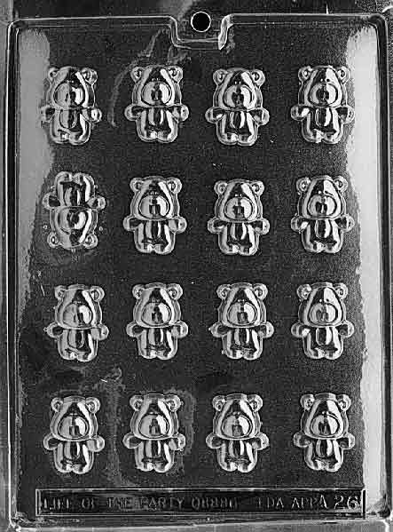 Plastic candy mold with 15 small cavities shaped like teddy bears sitting upright with detailed faces and paws, designed for making mini chocolate or candy pieces.