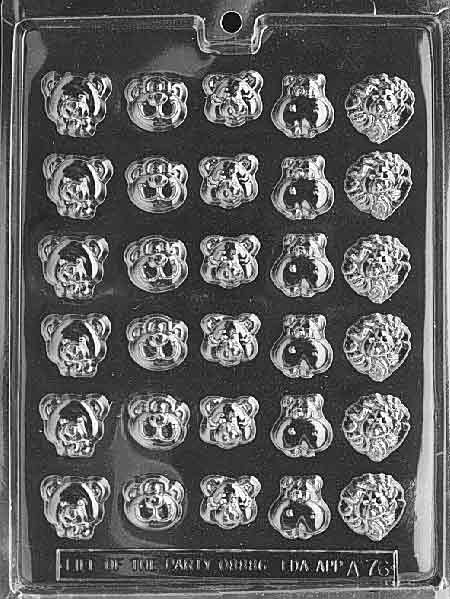 Plastic candy mold with 24 small cavities shaped like animal faces, including lions, hippos, tigers, and monkeys, designed for making mini chocolates or candy pieces.