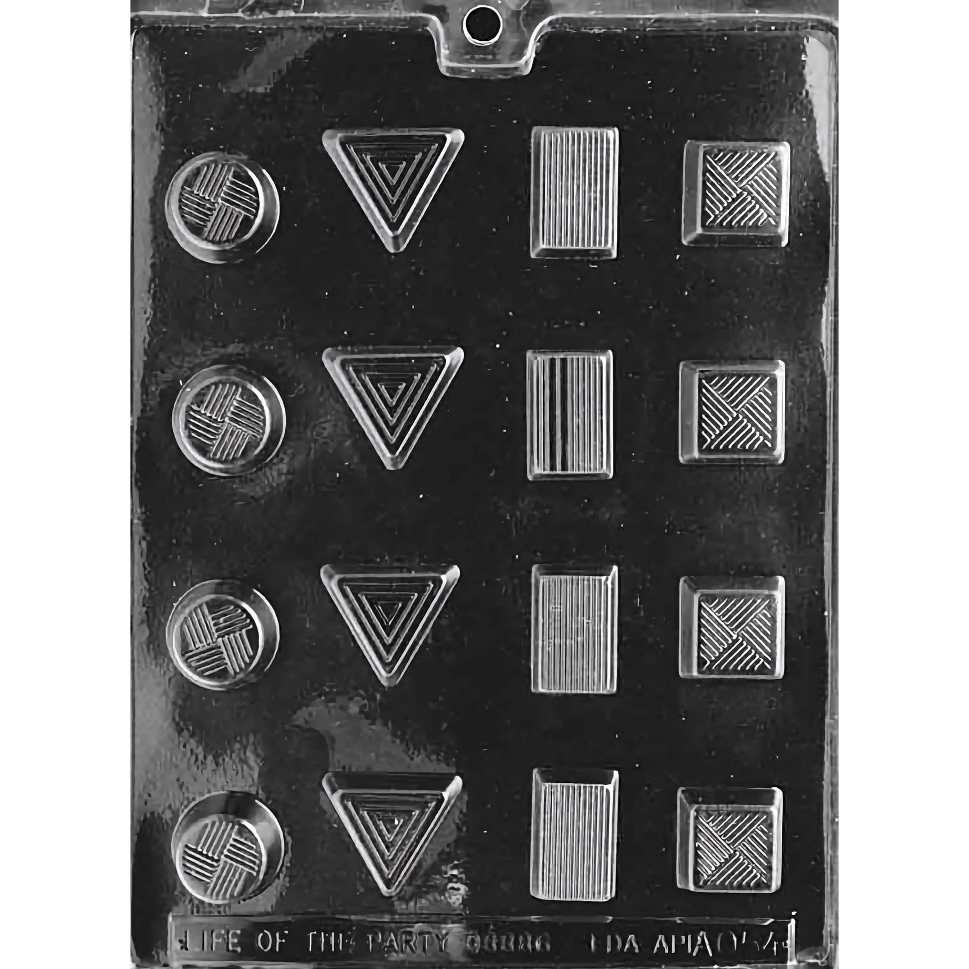 Bite-sized Pieces Variety Chocolate Mold with 16 cavities, featuring various shapes and designs including circles, triangles, and squares with intricate line patterns. Each cavity is 1/2 inch deep, made of food-grade plastic, and manufactured in the USA.