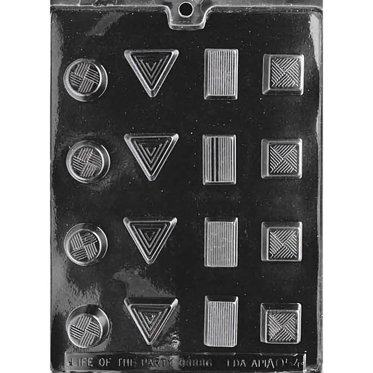 Bite-sized Pieces Variety Chocolate Mold with 16 cavities, featuring various shapes and designs including circles, triangles, and squares with intricate line patterns. Each cavity is 1/2 inch deep, made of food-grade plastic, and manufactured in the USA.