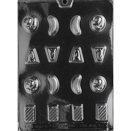 Bite-sized Pieces Variety Chocolate Mold with 12 cavities, featuring various shapes and designs including numbers, swirls, and triangles. Each cavity is 1/2 inch deep, made of food-grade plastic, and manufactured in the USA.