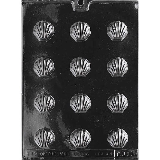 Clear plastic chocolate mold designed for making bite-sized shell-shaped bon-bons, featuring twelve compartments arranged in three rows of four. Each compartment is intricately shaped like a seashell with detailed ridges. 