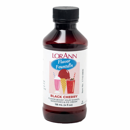 LorAnn Black Cherry Flavor Fountain bottle with label showing ice cream and milkshakes, used to flavor smoothies, shakes, and frozen desserts