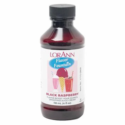 LorAnn Black Raspberry Flavor Fountain bottle with illustrated label showing ice cream and milkshakes, used to flavor frozen desserts and smoothies