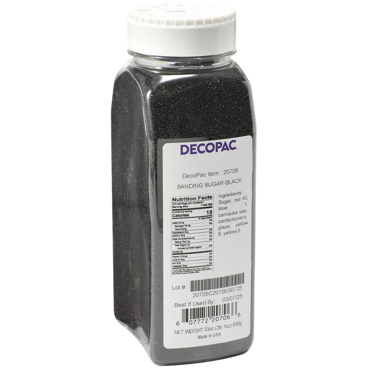 DecoPac Black Sanding Sugar in a 33 oz clear plastic shaker container with a white screw-on lid, filled with coarse black sugar crystals, item #20706.