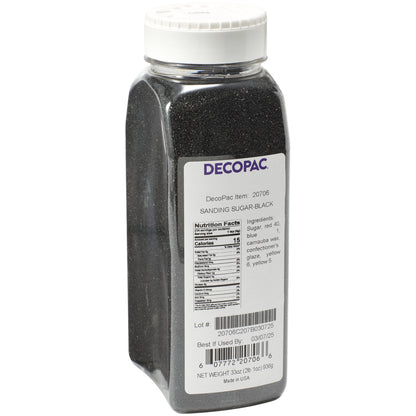 DecoPac Black Sanding Sugar in a 33 oz clear plastic shaker container with a white screw-on lid, filled with coarse black sugar crystals, item #20706.
