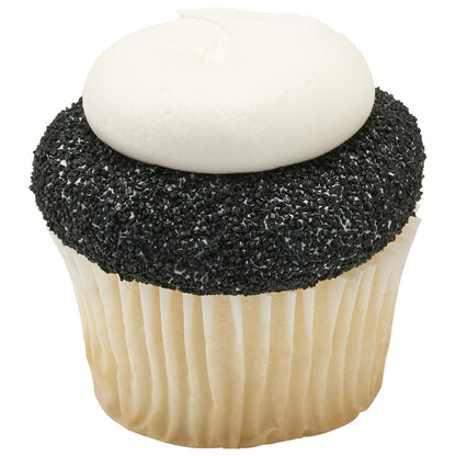 Vanilla cupcake in a white paper liner with a thick coating of sparkling black sanding sugar around the frosting and a large swirl of white buttercream on top.