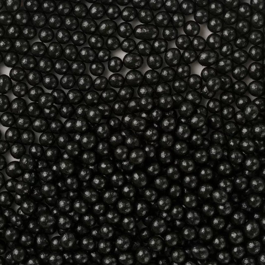 Edible pearlized dragees in gloss black, 4mm. Sleek candy pearls for cakes, cupcakes, cookies, and sprinkle mixes. Elegant accents for modern bakes.