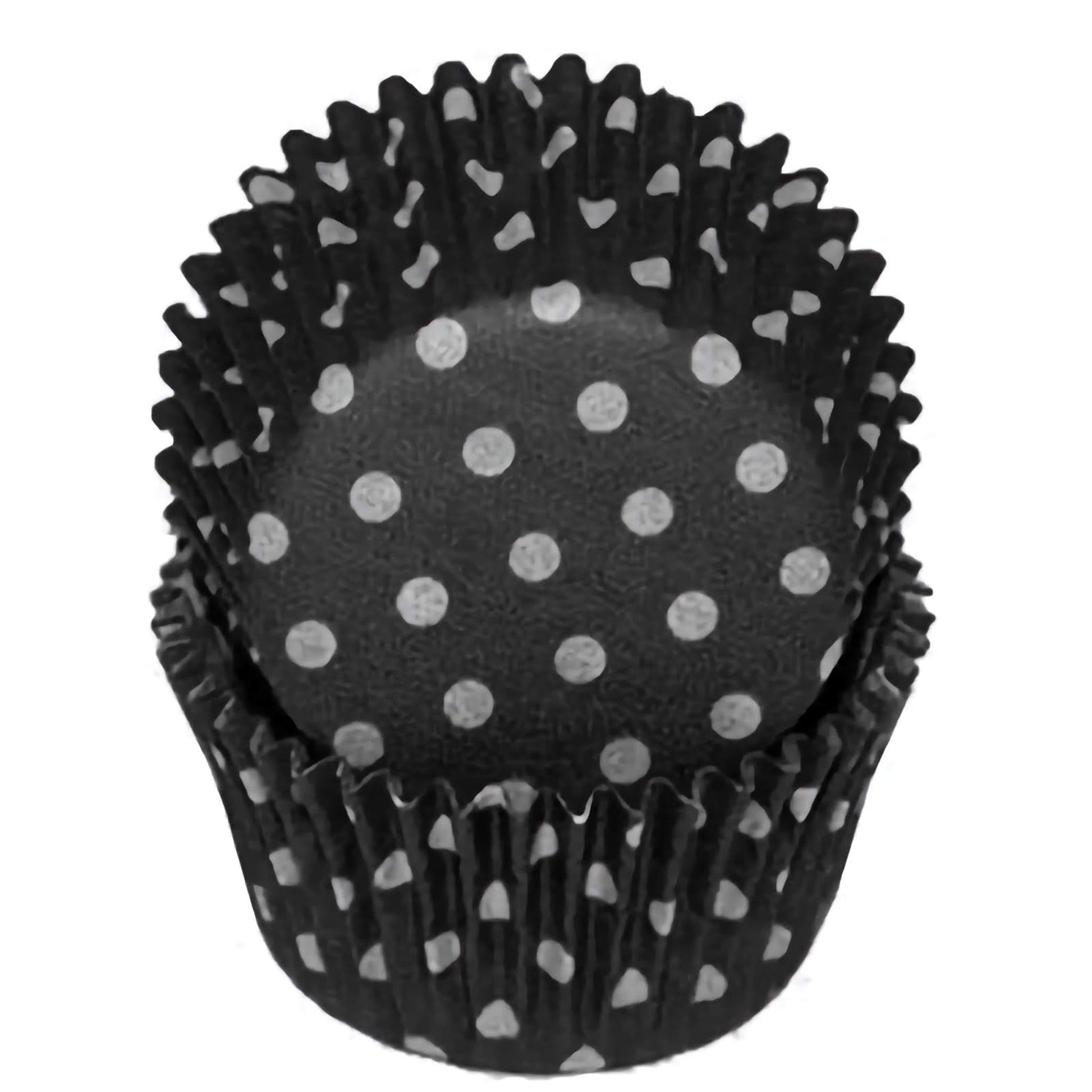 Black cupcake baking cup with white polka dots, shown in a nested stack.