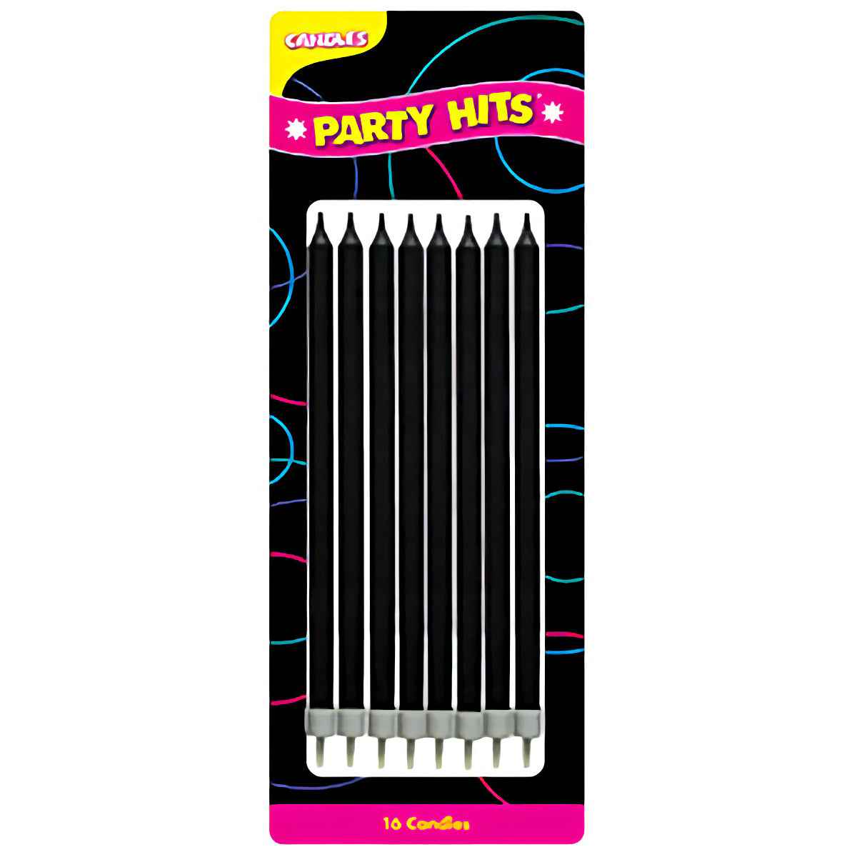 Package of 16 black 5-inch birthday candles with holders, in a black and colorful design box labeled "Party Hits."