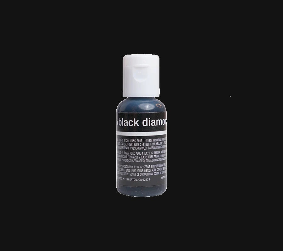  A sleek bottle of chefmaster food coloring with a white cap, marked "black diamond". The label contains white text detailing the product contents against a background that has a deep, dark hue, similar to the intense black of the gel within.