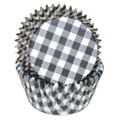 Black gingham baking cup, standard size, 36 count. Features a black and white checkered pattern, stacked in a nesting arrangement.