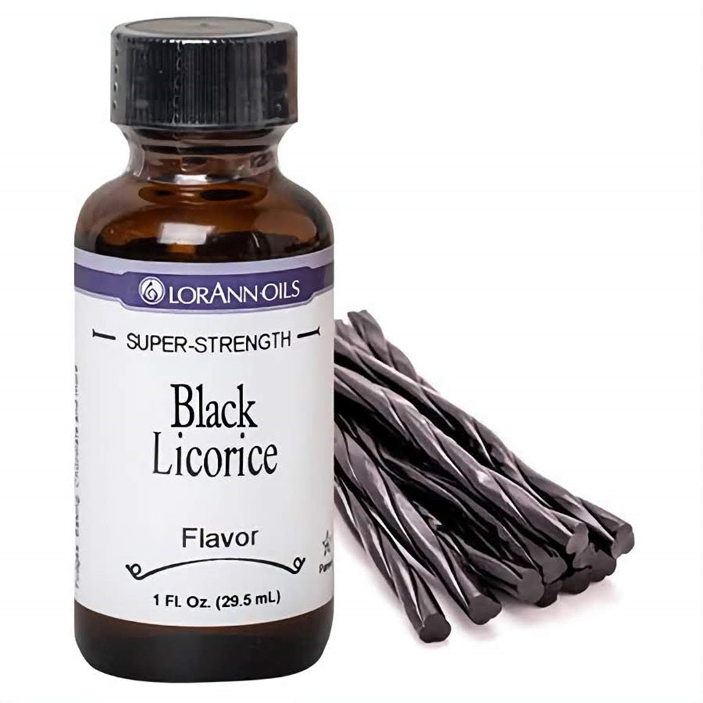 Bottle of LorAnn Oils Super Strength Black Licorice Flavor, 1 fl oz, with a cluster of black licorice sticks, emphasizing the concentrated licorice essence.