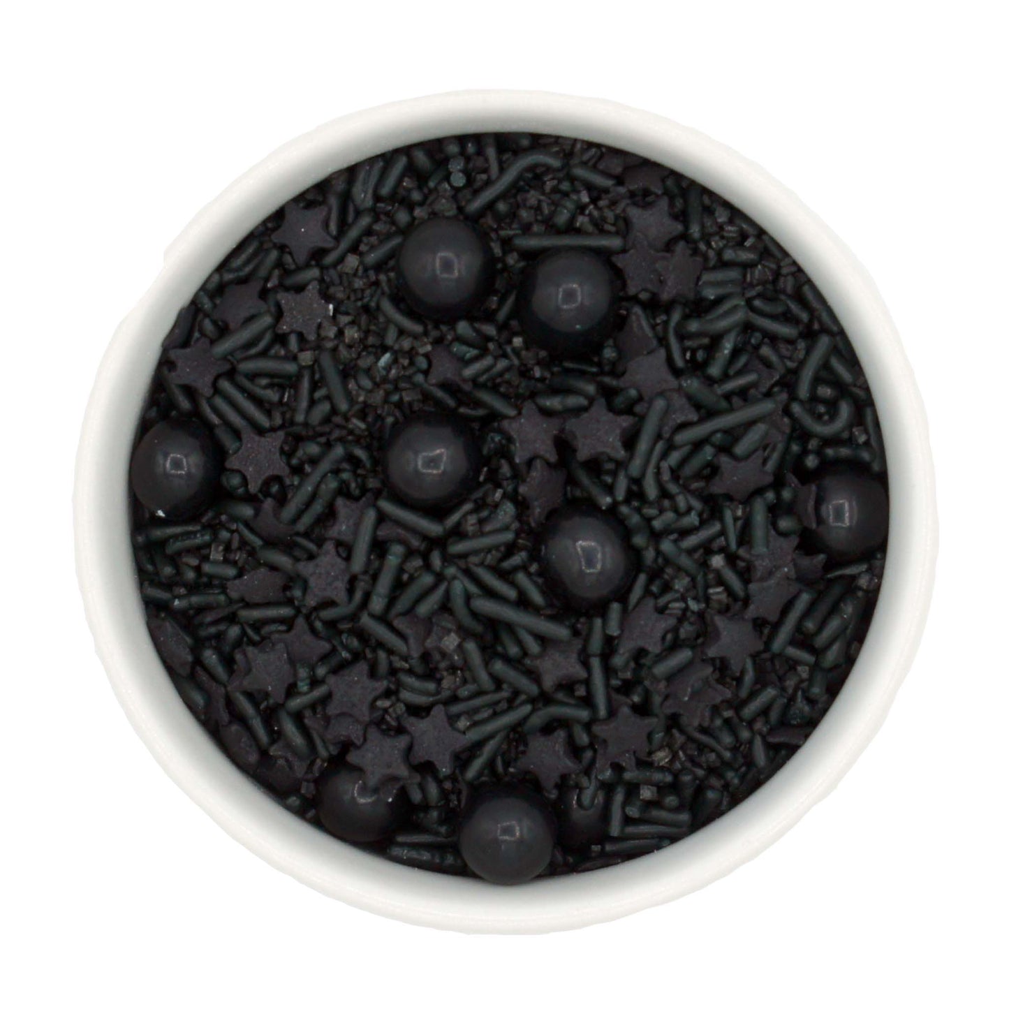 A striking all-black sprinkle mix featuring jimmies, star quins, Sixlets, and sugar crystals, perfect for adding a bold and elegant touch to desserts.