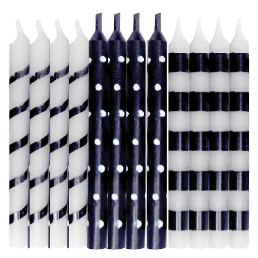 Set of 12 black and white birthday candles with polka dots, stripes, and swirls patterns, each 2 1/2 inches long.