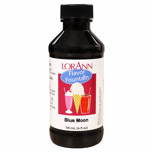 LorAnn Blue Moon Flavor Fountain bottle with illustrated label of milkshakes and ice cream, used to flavor ice cream, smoothies, and frozen drinks