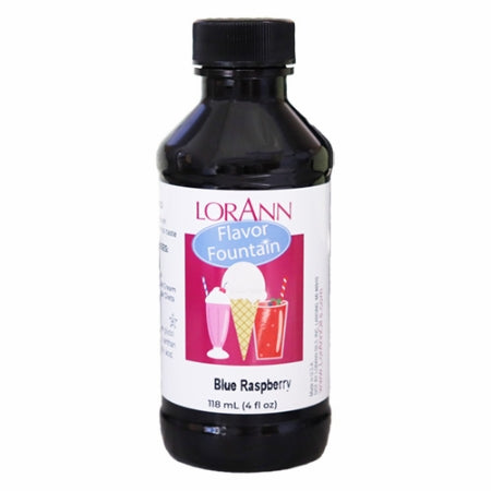 LorAnn Blue Raspberry Flavor Fountain bottle with illustrated label featuring milkshakes and ice cream, used for flavoring frozen desserts and drinks