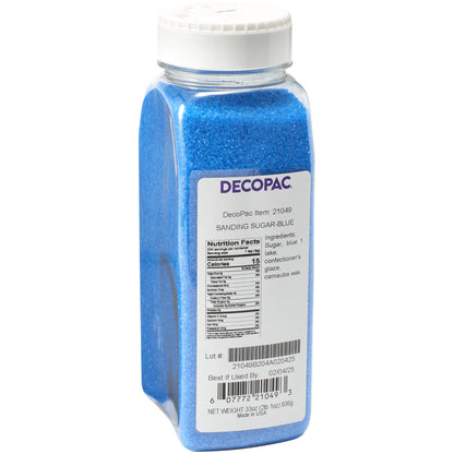 DecoPac Blue Sanding Sugar in a 33 oz clear plastic shaker container with white screw-on lid, filled with bright blue sugar crystals, item #21049.