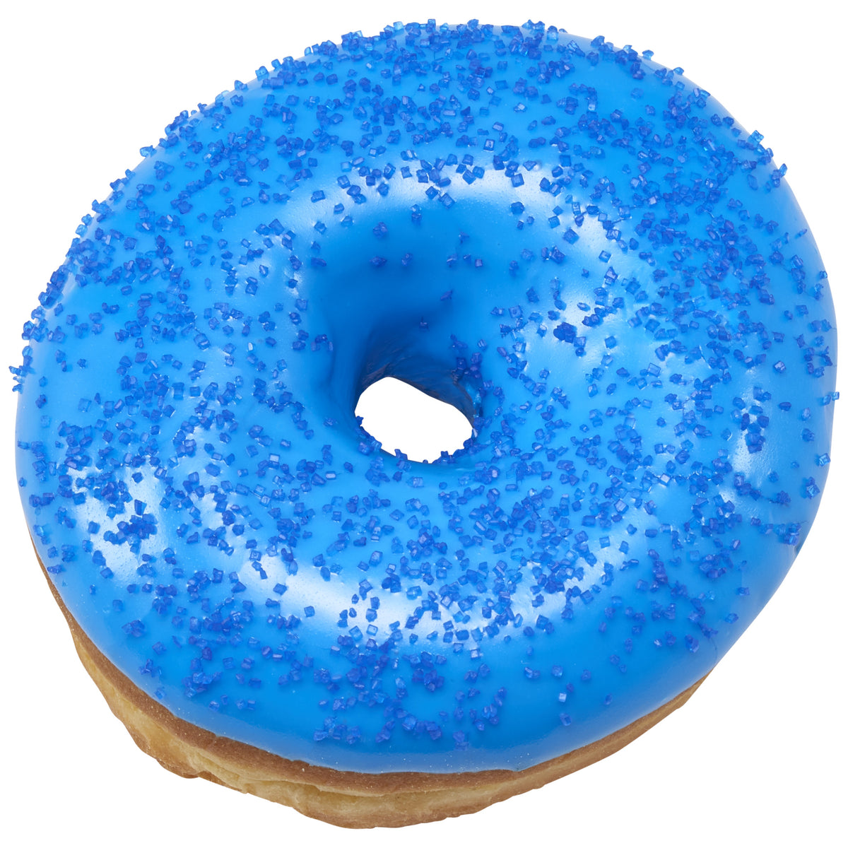 Ring donut covered with smooth bright blue icing and sprinkled with coarse, sparkling blue sanding sugar crystals against a white background.