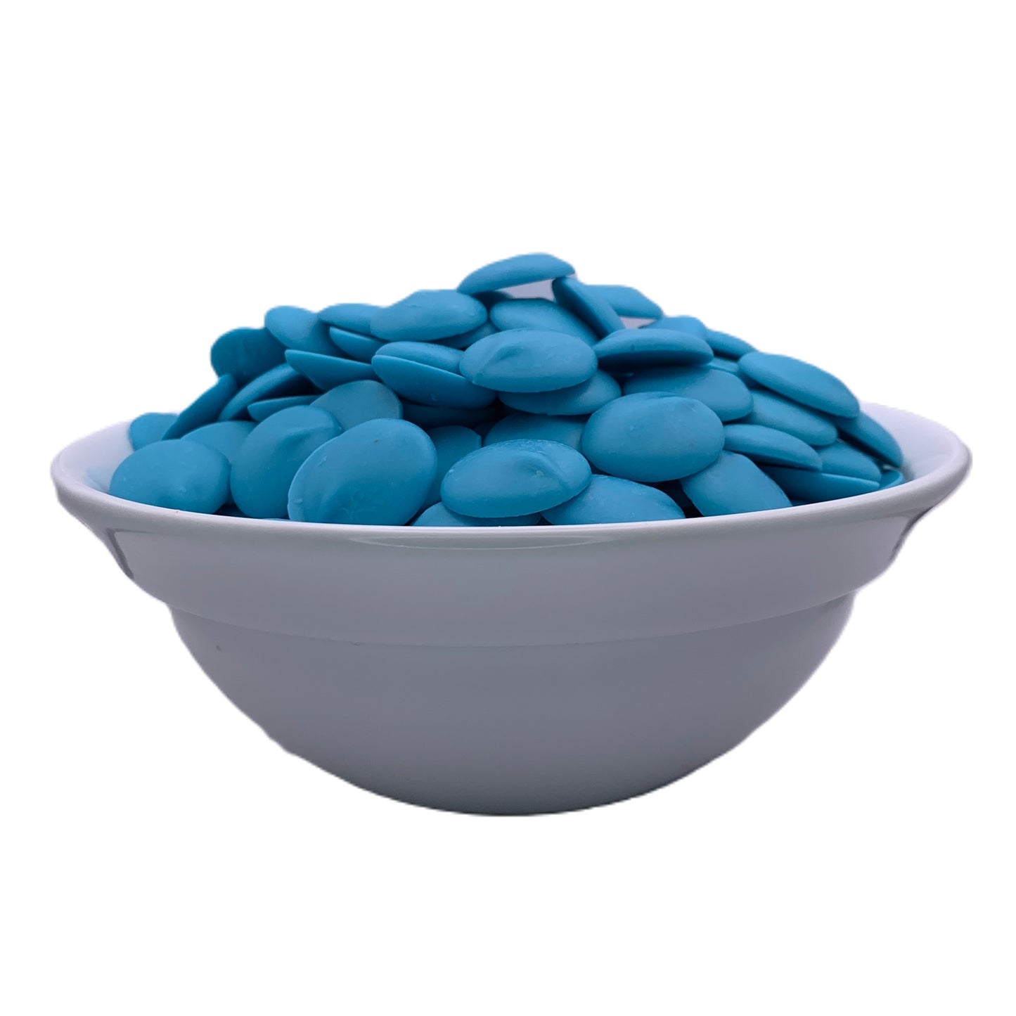 A bowl of Merckens blue chocolate melting wafers presented from a front angle, featuring a cool blue shade perfect for themed parties or creative confectionery.