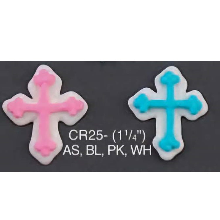 Two fondant cross cake toppers in soft pink and blue with white outlines, measuring 1 and 1/4 inches, suitable for religious occasion cakes.
