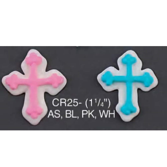 Two fondant cross cake toppers in soft pink and blue with white outlines, measuring 1 and 1/4 inches, suitable for religious occasion cakes.