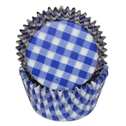 Blue gingham baking cup, standard size, 36 count. Features a blue and white checkered pattern, stacked in a nesting arrangement.