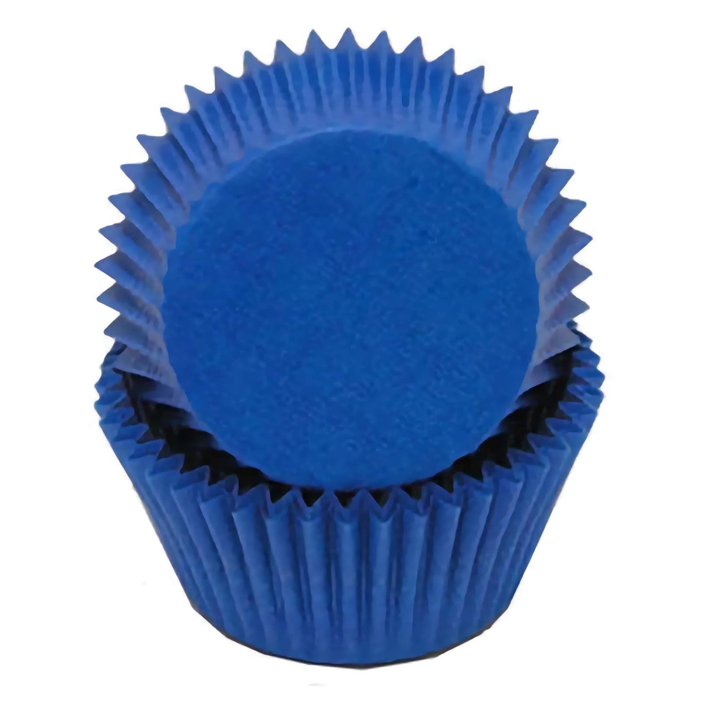 Standard-sized blue greaseproof cupcake liners, stacked in a nesting arrangement. The vibrant blue color and greaseproof material help maintain the liners' appearance, making them perfect for various occasions.