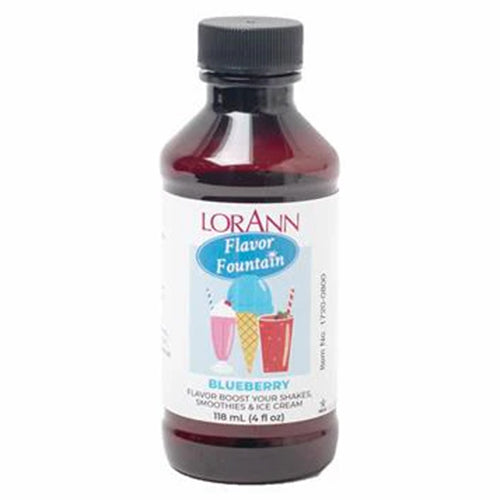 LorAnn Flavor Fountain Blueberry flavoring in a 4 oz bottle for shakes, smoothies, and ice cream.