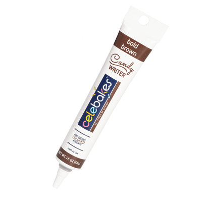 Tube of Celebakes Bold Brown Candy Writer for decorating chocolates and candies.