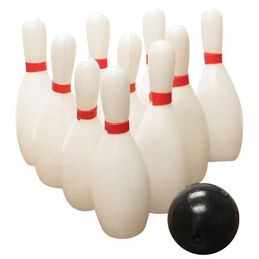 Bowling cake topper set including white pins with red stripes and a black bowling ball, perfect for bowling enthusiasts and celebratory events at bowling alleys.