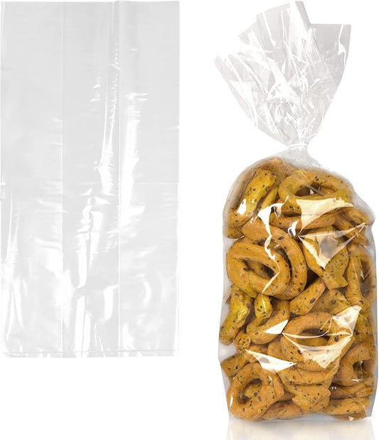 Clear treat bag filled with crispy baked goods, showing transparent packaging for food storage.