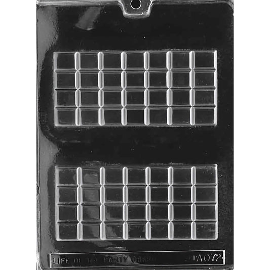 Break Apart Bar with Square Pieces Chocolate Mold with two rectangular cavities, each featuring a grid of square pieces. The mold creates 6 inch by 2-3/4 inch and 3/8 inch deep chocolate bars, using approximately 3.1 ounces of chocolate per piece. Made of food-grade plastic and manufactured in the USA.