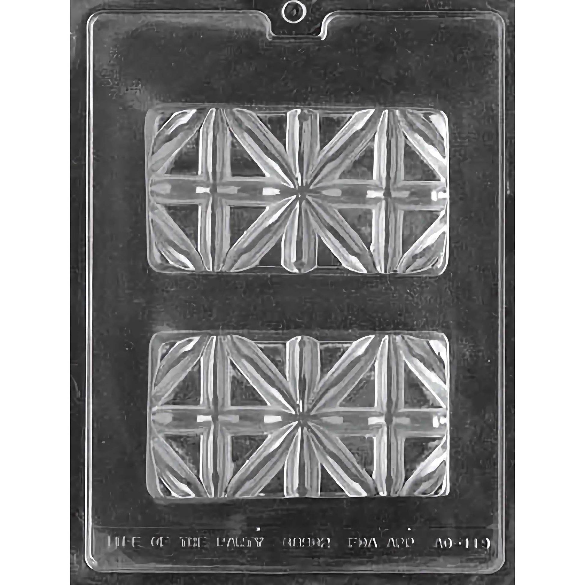 Clear plastic chocolate mold designed for making break-apart triangle-patterned chocolate bars, featuring two rectangular compartments each divided into multiple triangular sections. The geometric design allows for easy breaking into individual pieces. The mold is set against a black background, highlighting the intricate pattern. Ideal for creating custom chocolate bars that can be easily shared.