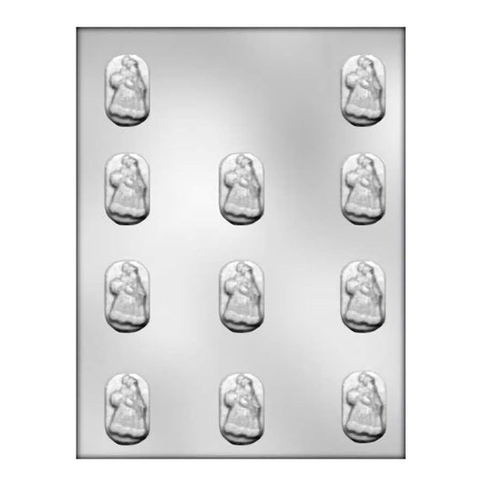A chocolate mold sheet with twelve rectangular cavities, each featuring a detailed three-dimensional bridal figure in a gown, suitable for bridal shower treats or wedding day confectionery gifts.