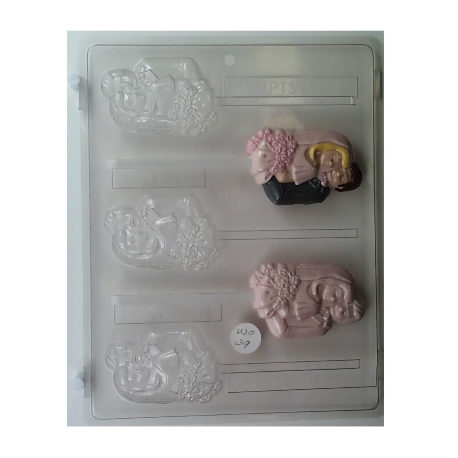 Chocolate mold with a bride and groom in a front-facing pose, ideal for creating wedding lollipop favors, with intricate details like a bouquet and formal attire.
