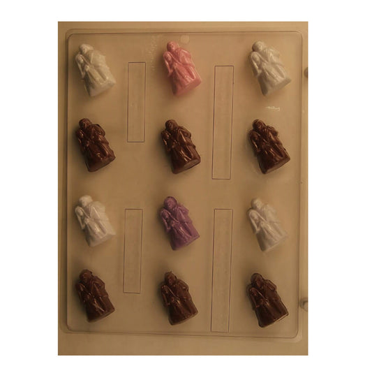 Chocolate mold featuring small bride and groom figures, ideal for wedding chocolates or edible favors.