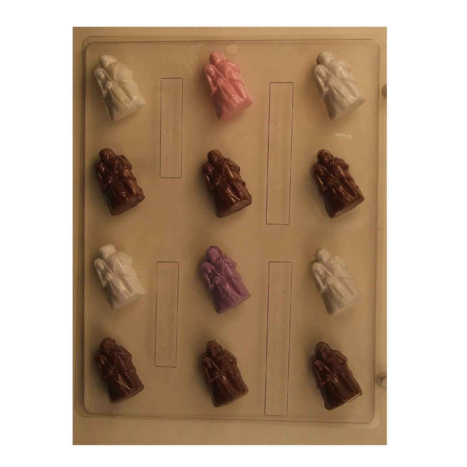 Chocolate mold featuring small bride and groom figures, ideal for wedding chocolates or edible favors.