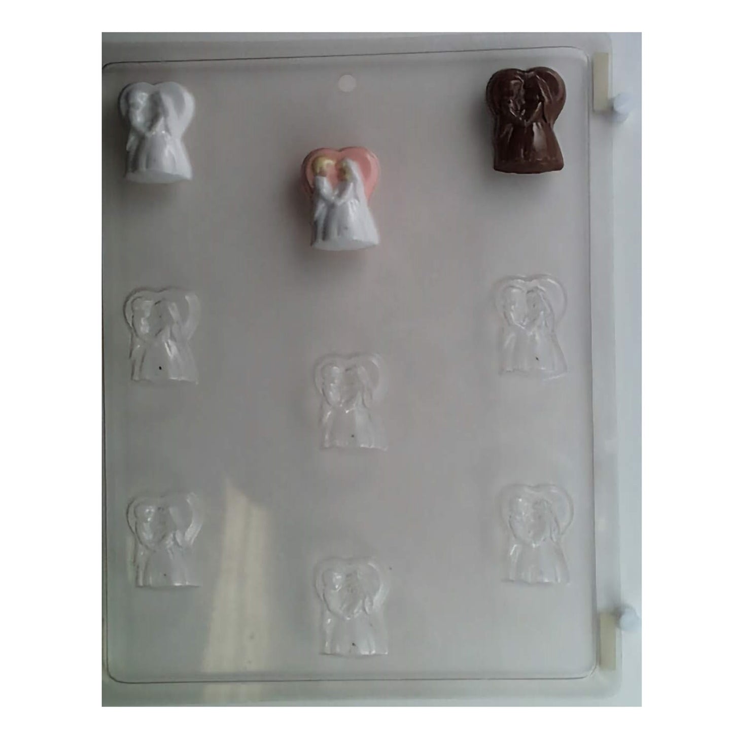 Chocolate mold sheet with multiple small cavities shaped as brides and grooms, perfect for wedding-themed candies or cake decorations.