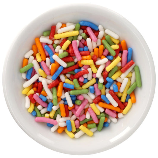 White bowl filled with Bright Rainbow Natural Dyed Made Simply™ rod-shaped sprinkles in red, blue, green, yellow, orange, pink, and white.