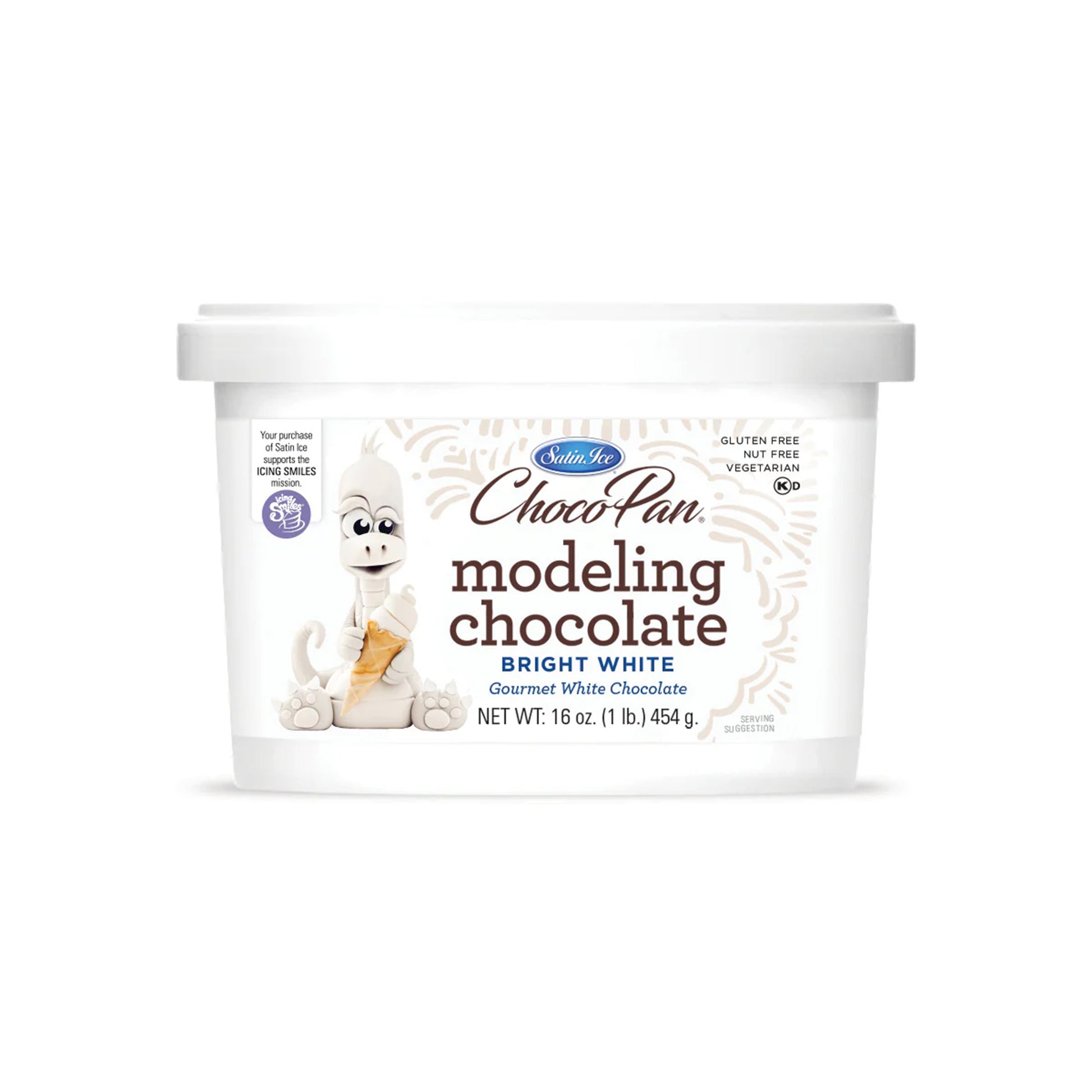 Satin Ice ChocoPan bright white modeling chocolate tub, 16 oz, white chocolate.