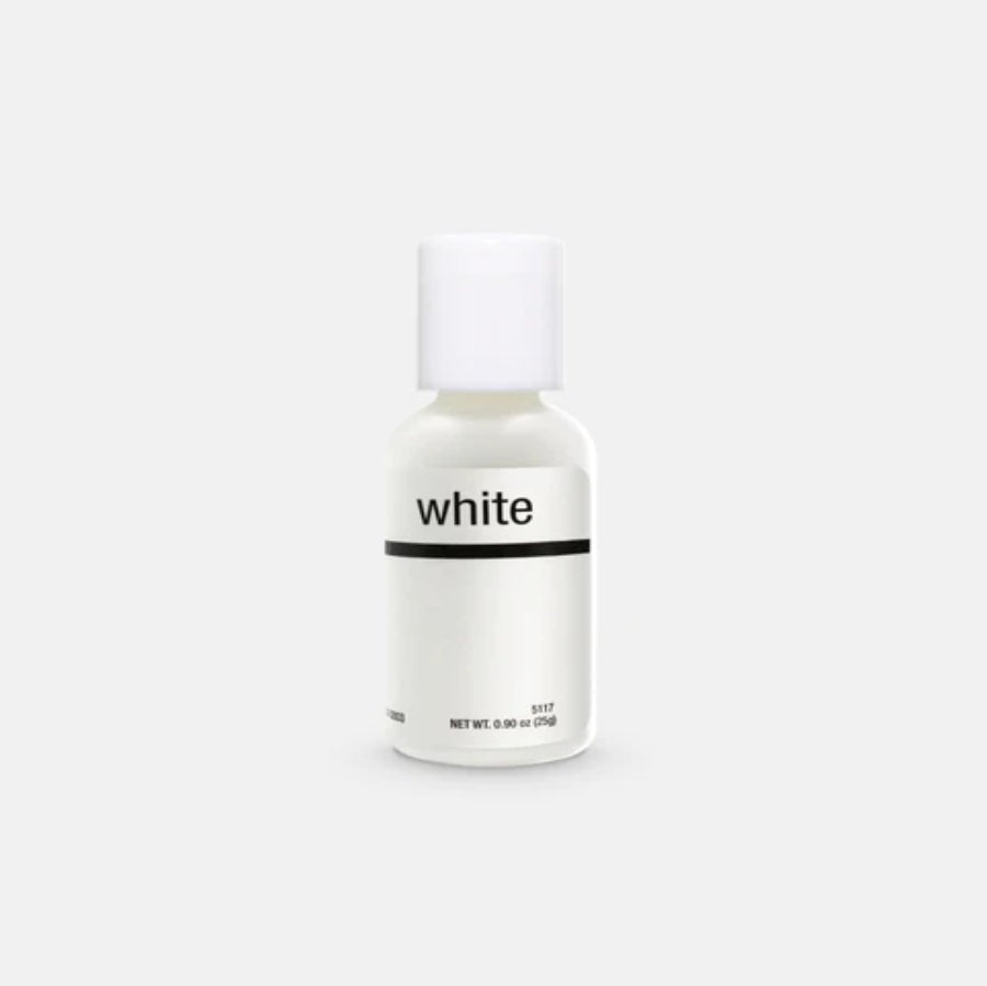 The image shows a bottle of chefmaster food coloringwith a clean, bright appearance, labeled "white" in a bold, black font. The bottle's label carries product details in black text on a pure white background that reflects the gel color inside.