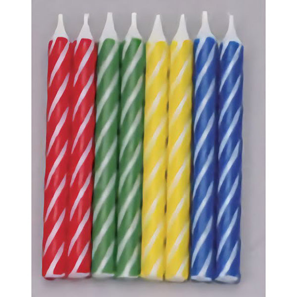 Set of 24 Brite Striped Birthday Candles in primary colors (red, green, yellow, and blue) with white stripes, each approximately 2.5 inches tall.