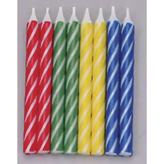 Set of 24 Brite Striped Birthday Candles in primary colors (red, green, yellow, and blue) with white stripes, each approximately 2.5 inches tall.